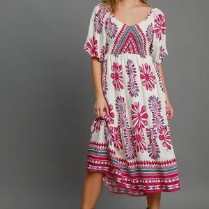 Berry Boarder Print Smocked Chest Midi Dress by Umgee
